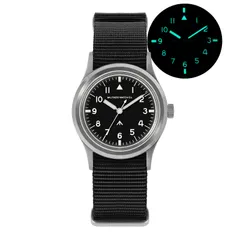 Militado ML13 with black dial and vintage-yellow C3 lume on black nylon strap