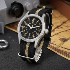 Militado ML05 (VH31) with black Dial B field dial on black nylon strap with a khaki stripe
