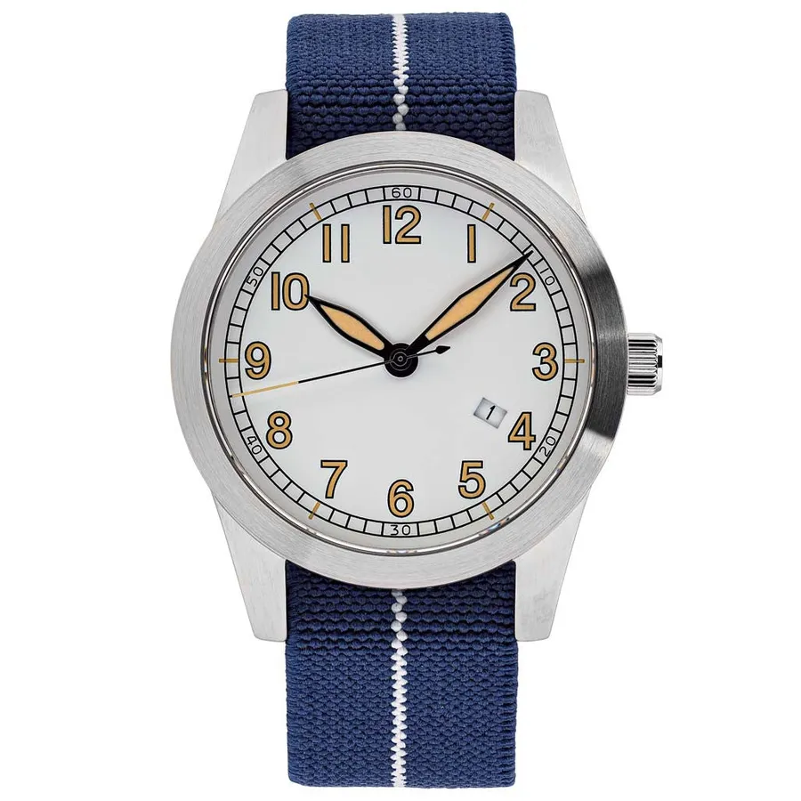 Islander Ameriquartz Field Watch ISL-75 with white dial, Arabic numerals and navy elastic strap