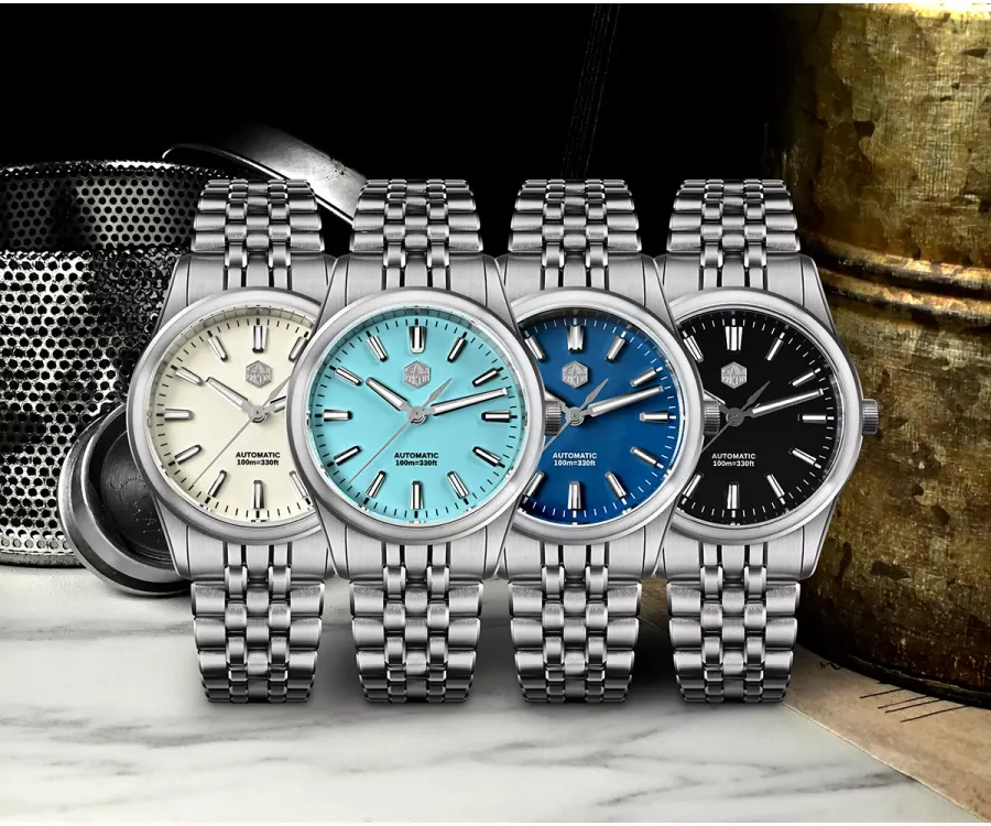 San Martin SN0144-CGS 36mm with silver white, light blue, dark blue and black enamel dials on steel bracelets