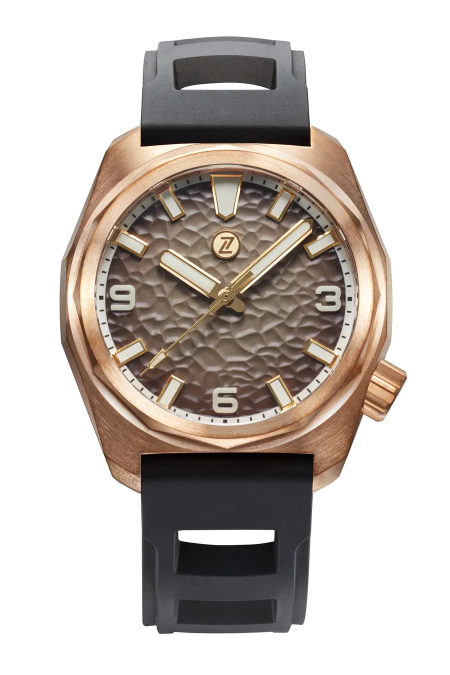 Zelos Hammerhead 43 Field in bronze, brown hammered dial, on black rubber strap