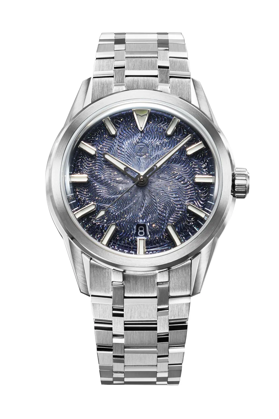 Zelos Helica 39 Galaxy, blue fumé guilloché dial with glimmer enamel, on faceted steel bracelet