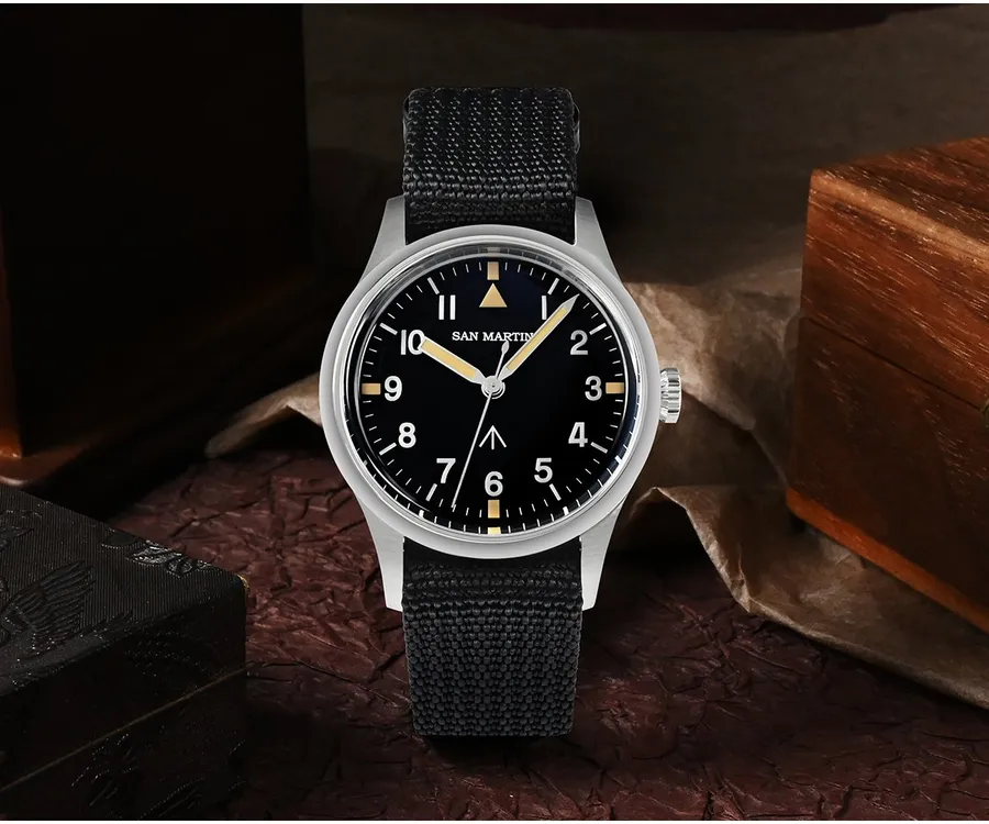 San Martin SN0105-G-XB 36mm with matte black dial on black nylon strap