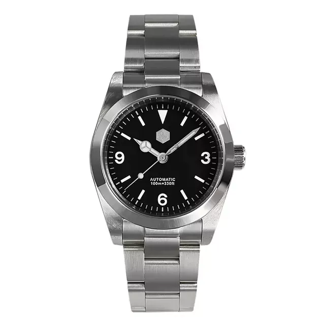 San Martin SN021-G 37mm explorer with black 3-6-9 dial and applied hexagon logo on steel bracelet