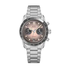 Wise Adamascus AD8CHRO99 chronograph in 904L steel, light pink gradient grey dial with black sub-dials, grey ceramic tachymeter bezel, on 904L bracelet