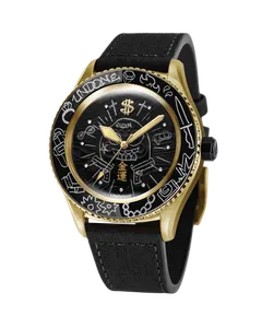 Undone Basecamp Daruma We Will Rob You with gold-tone case, black dial and graffiti bezel on a black strap