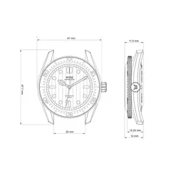Wise Adamascus AD8 no-date case dimension drawing (41mm, 47.7mm lug to lug, 20mm lugs, 12mm height)