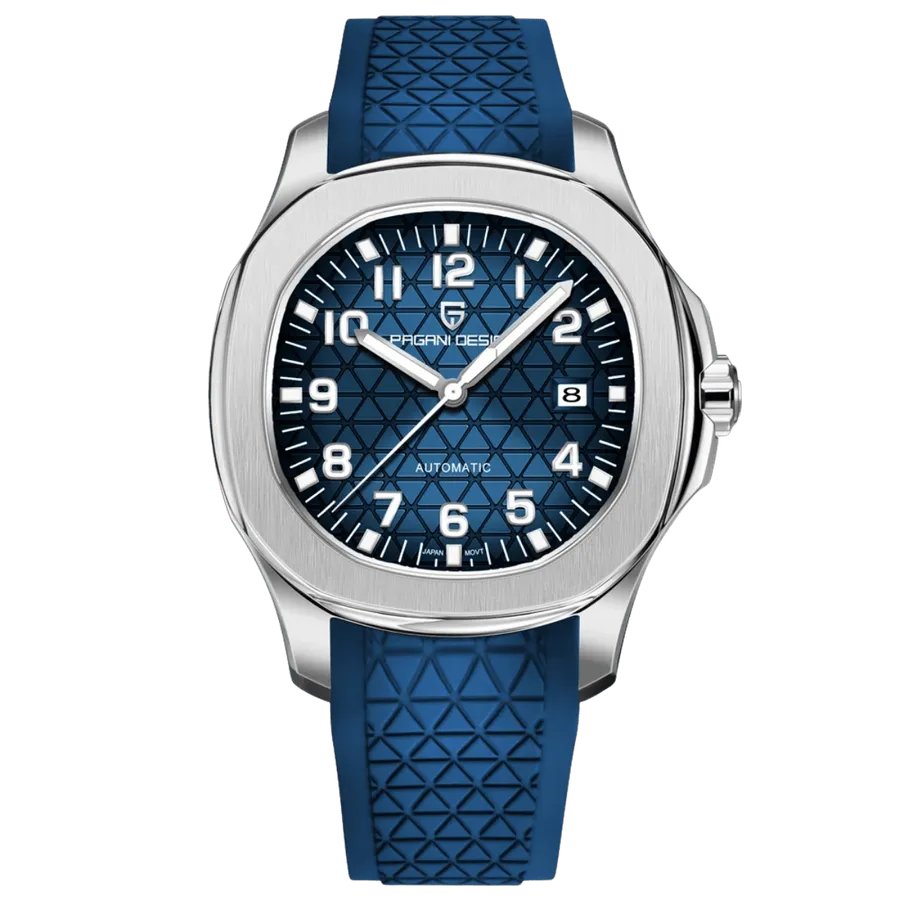 Pagani Design PD-YS031 with steel rounded-octagon case, embossed blue dial with Arabic numerals and date at 3, on patterned blue strap