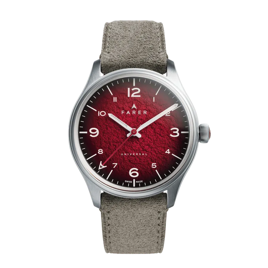 Farer Alert, red textured dial, on grey suede leather strap