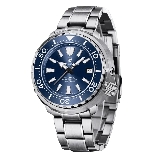 Pagani Design PD-1695 Tuna-style diver with blue dial and blue bezel on steel bracelet