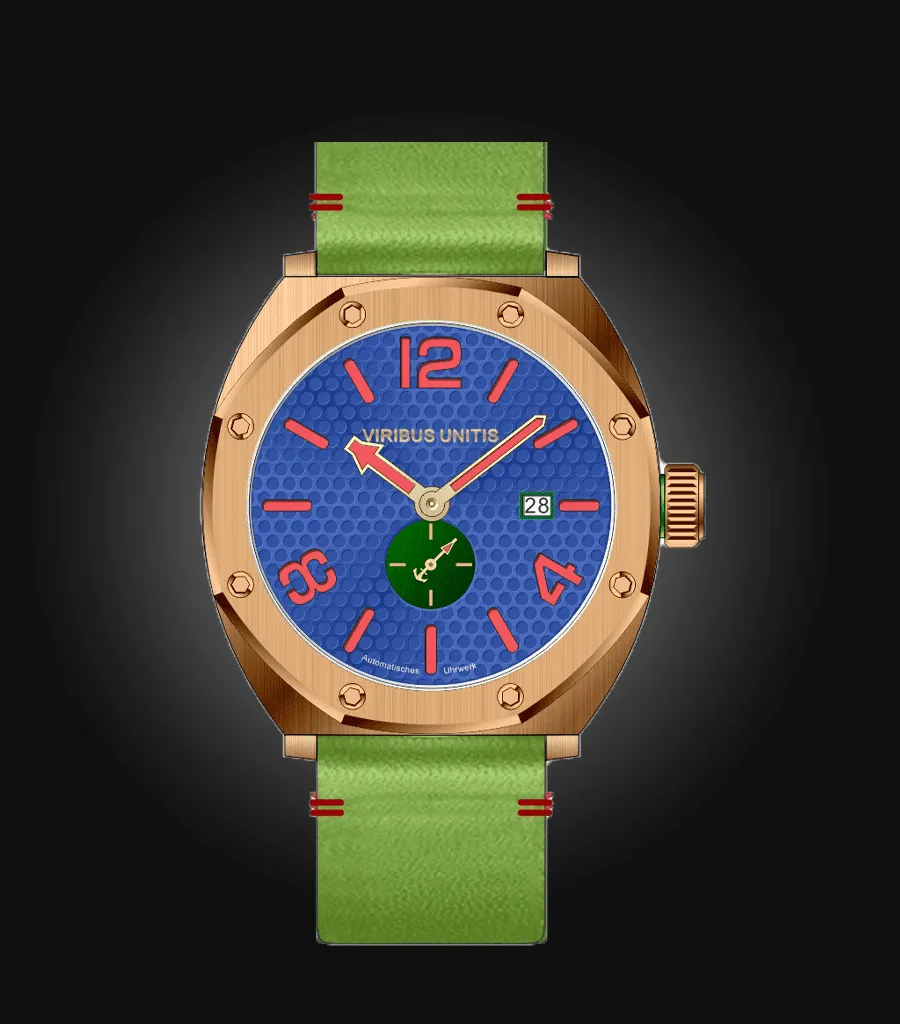 Viribus Unitis IR36 Bronze, bronze case, blue dial, on green leather strap