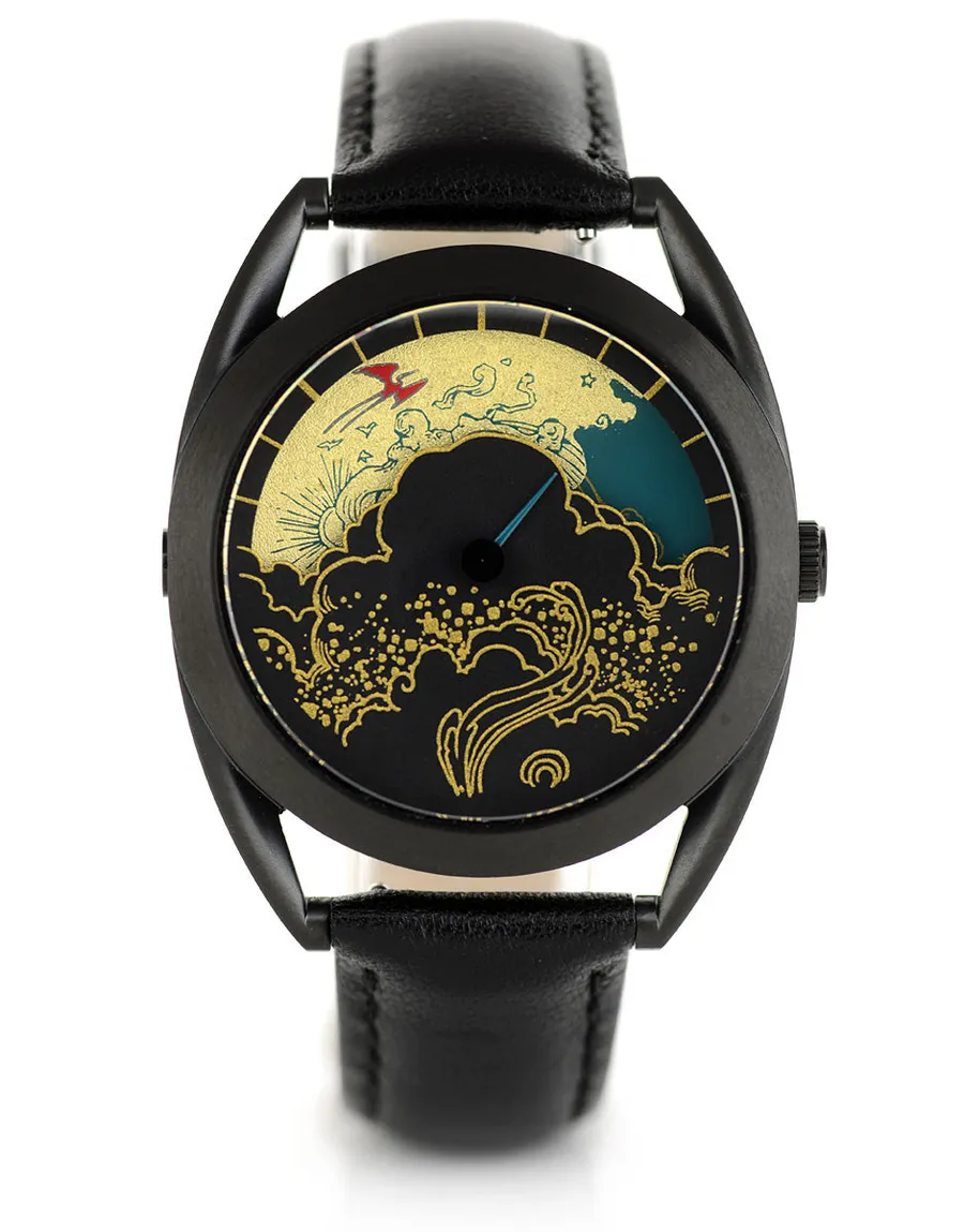 Mr Jones Paper Crane, black and gold-leaf night-sky dial with a crescent hour opening, black-finished case on black leather, front view