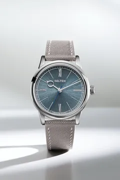 Selten Grand Feu Enamel Flare Moonstone on greige leather strap