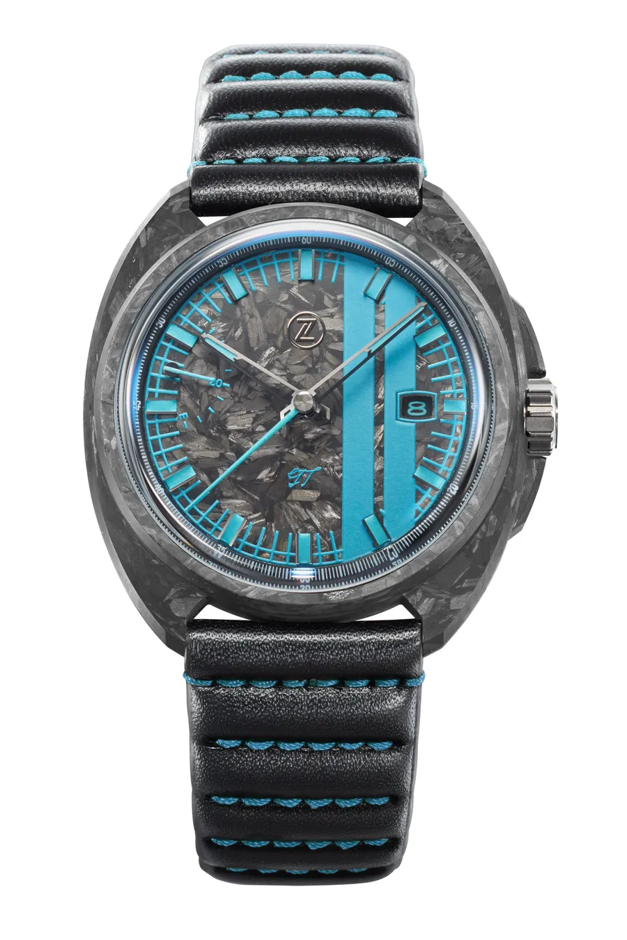 Zelos GT 40mm Carbon Teal, forged carbon case, forged carbon dial with teal racing stripes, on black leather strap with teal stitching