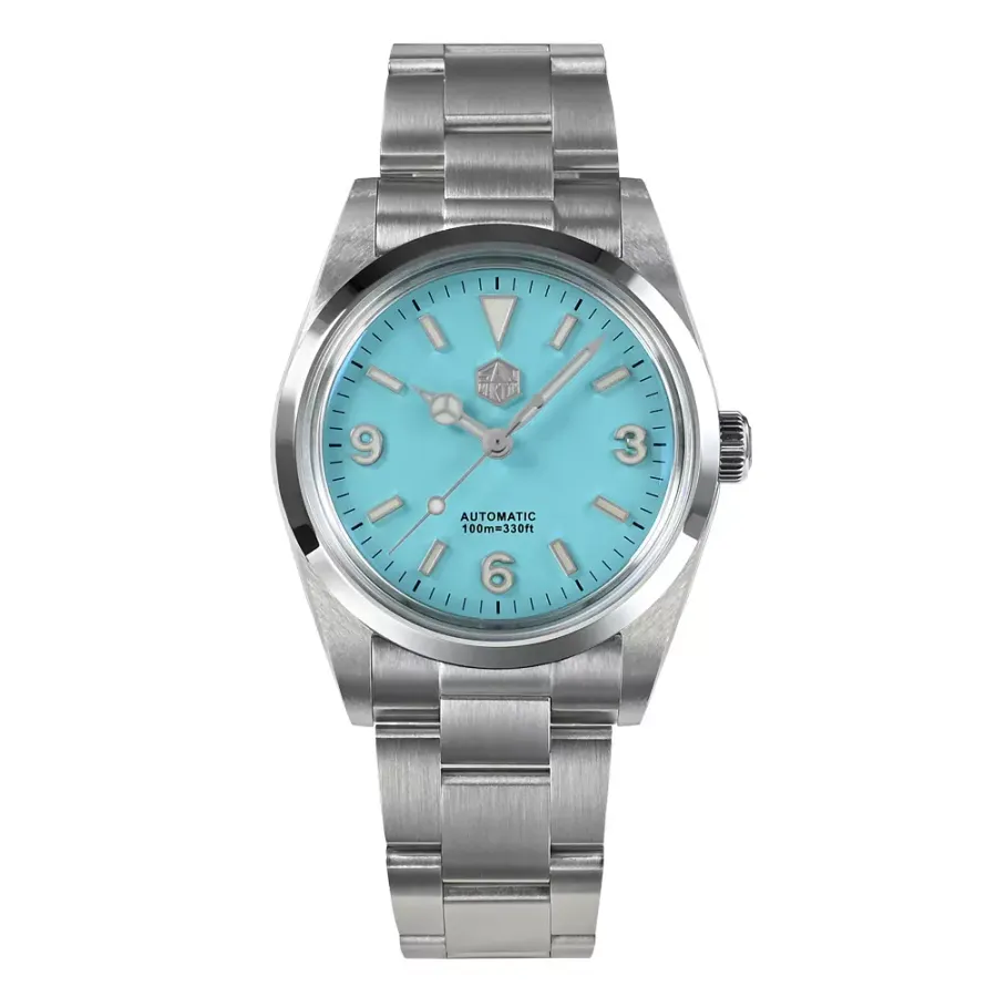 San Martin SN021-G-B1 with Tiffany blue 3-6-9 dial and hexagon logo on steel bracelet