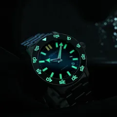 Aquatico Atlas Tritium (earlier "Blackfin") lume shot with lumed bezel