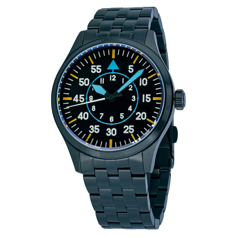 Islander 39mm Pilot in black IP with black Type-B dial and blue and yellow accents on black IP bracelet