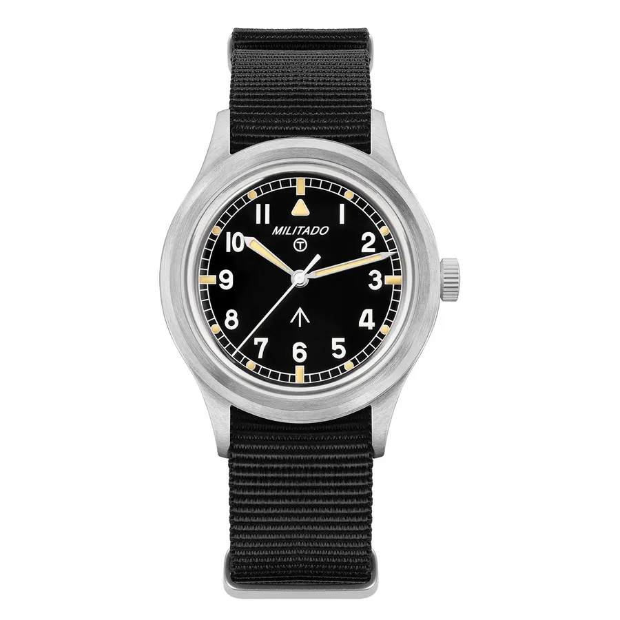 Militado ML22 with black dial and yellow-toned indices on black nylon strap
