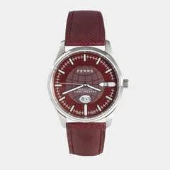 Fears Redcliff Continental with glossy Passport Red dial on a burgundy leather strap