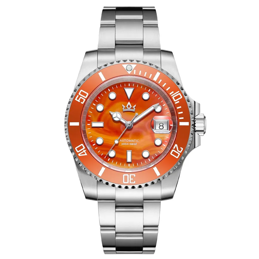 AddiesKIN K012 dive watch with orange sardonyx stone dial and matching orange ceramic bezel on a three-link steel bracelet