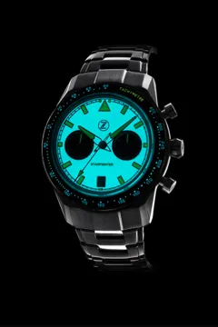 Zelos Starfighter Chronograph Frost lume shot, fully lumed main dial