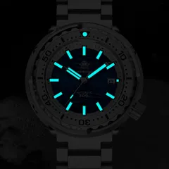Addiesdive AD2098 lume shot, hands, indices and bezel pip glowing blue
