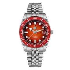 San Martin SN0148-GX 37.5mm with gradient orange red dial, red ceramic bezel and arrow hands on five-link bracelet