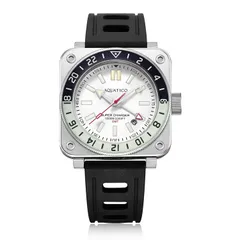 Aquatico Steel Man GMT with white dial and black and white bezel, on black rubber strap