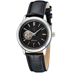 Islander Automatic Open-Heart Watch ISL-98 with black pinstripe dial and open heart at 9 on black leather strap