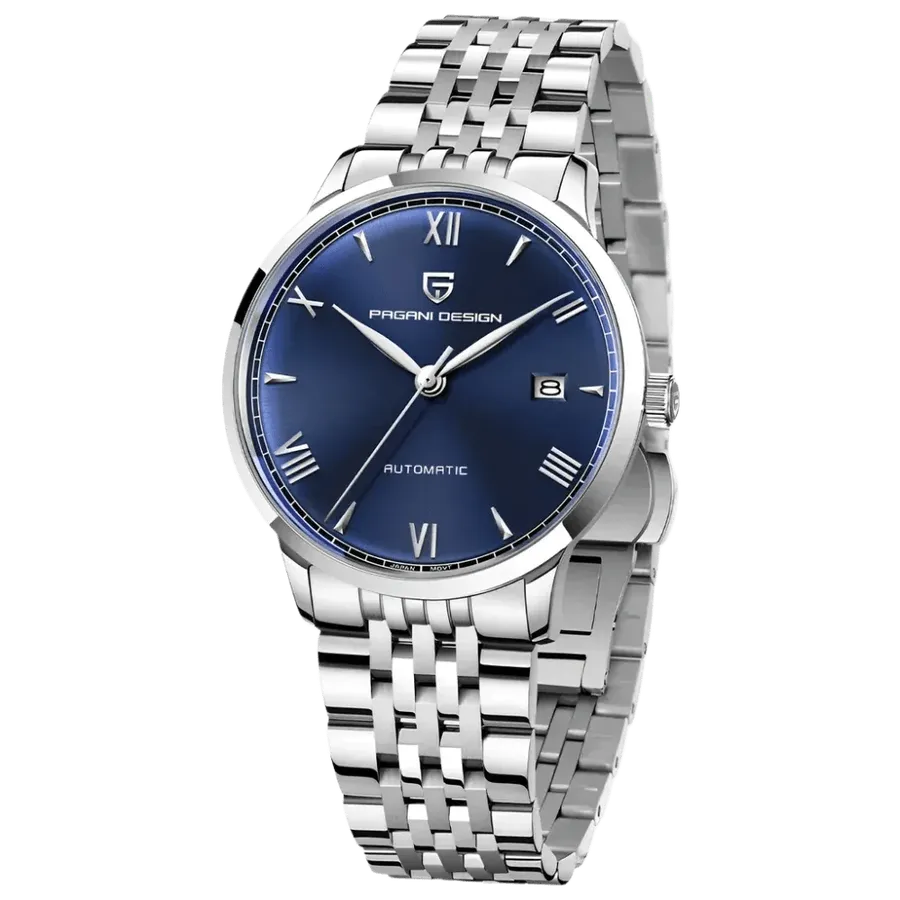 Pagani Design PD-1759 dress watch with blue dial, Roman numerals and date at 3 on steel bracelet