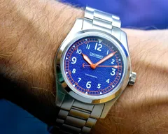 Cincinnati Watch Company Cincinnatus Field Automatic, blue grainy dial with orange accents, on the wrist