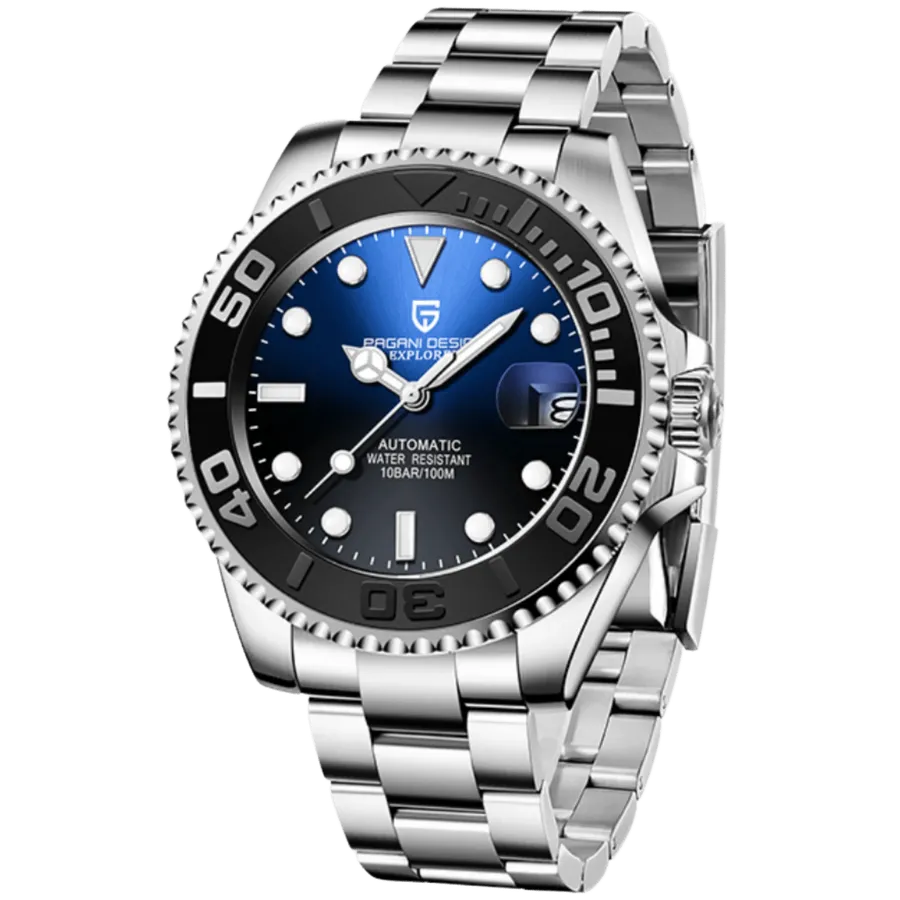 Pagani Design PD-1651 Yacht-Master-style diver with blue dial and black bezel on Oyster bracelet