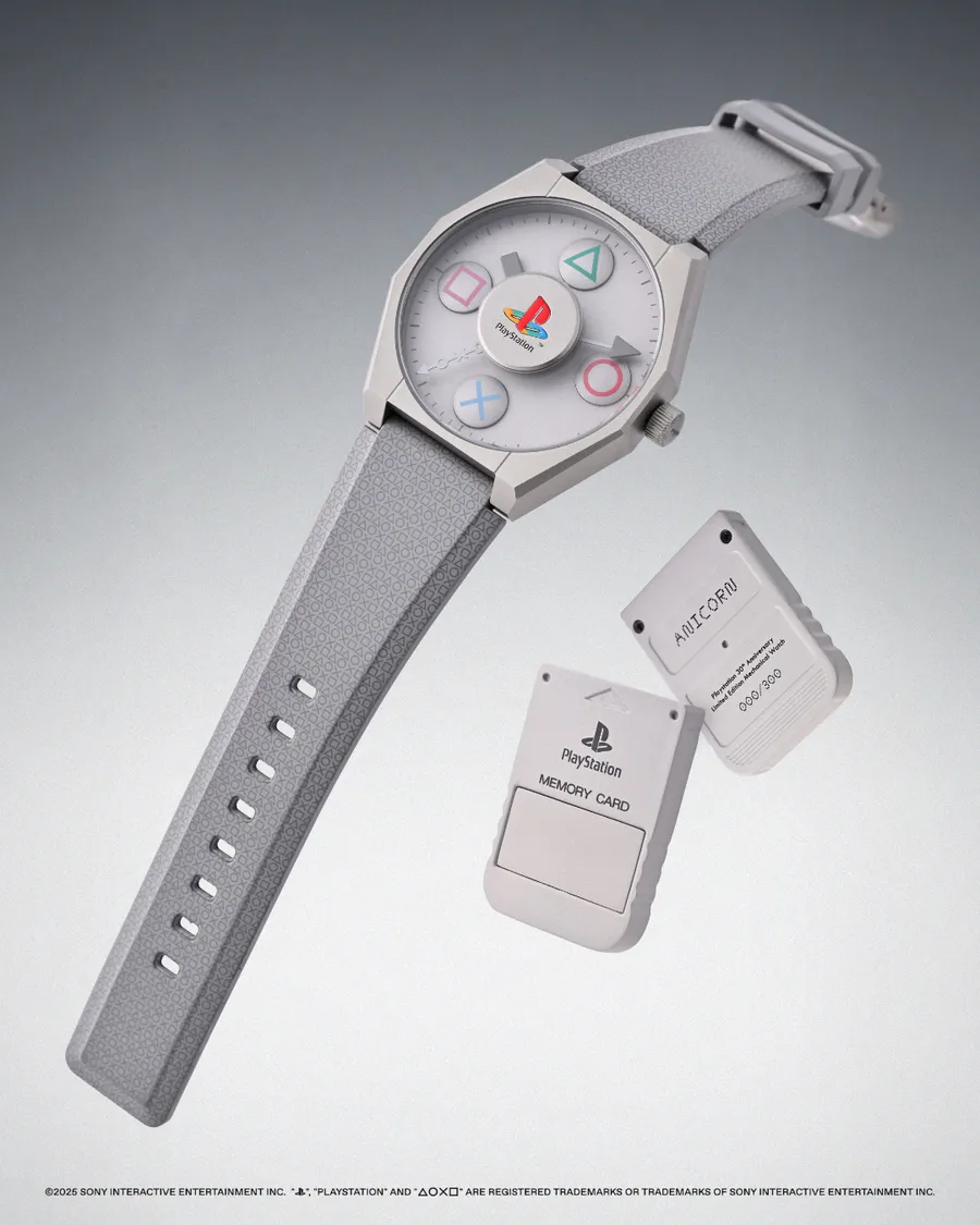 PlayStation x Anicorn The First PlayStation watch in grey with the controller buttons on the dial, on a grey FKM strap