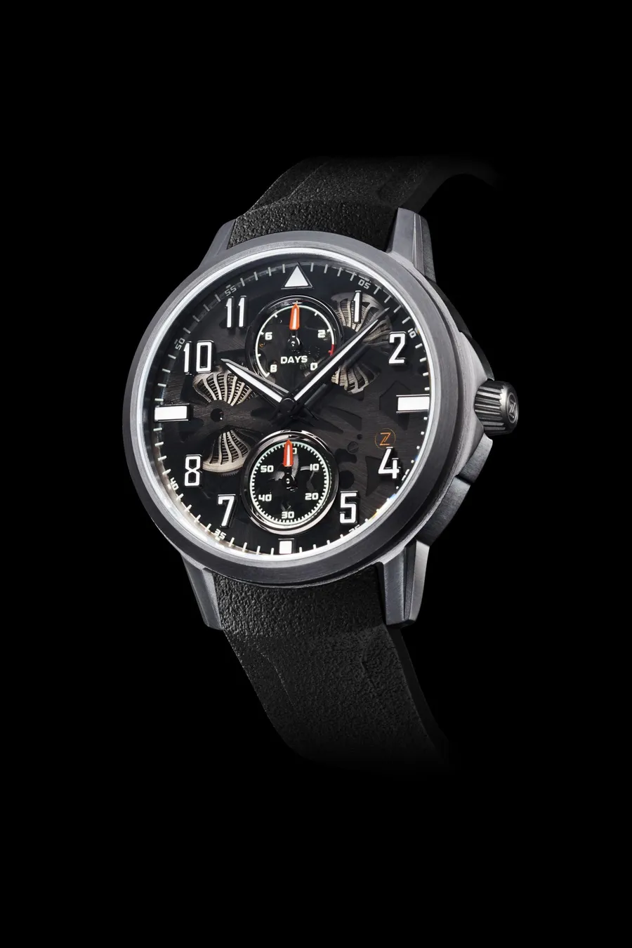 Zelos Mirage 8 Days in tantalum, grey-tinted sapphire dial over a black skeletonised 8-day movement, on black rubber strap