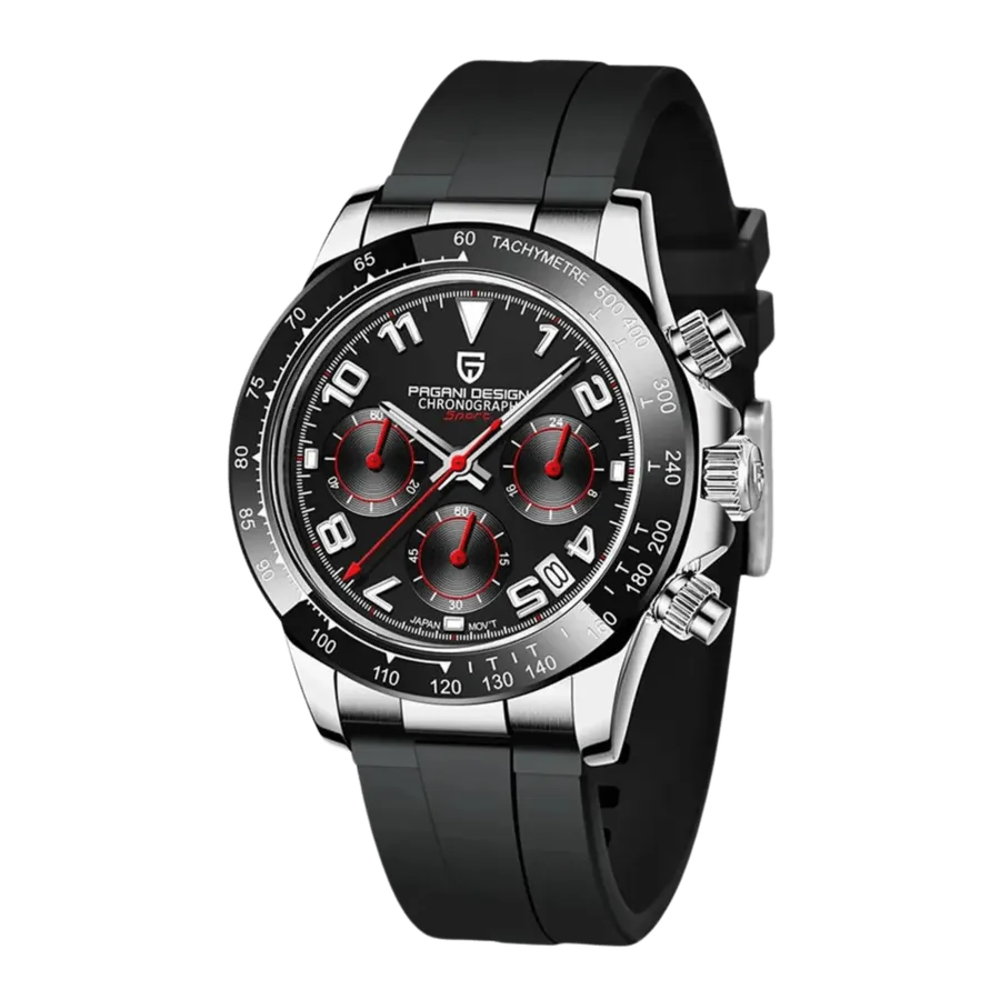 Pagani Design PD-1687 chronograph with steel case, black dial, red accents and black tachymeter bezel on rubber strap
