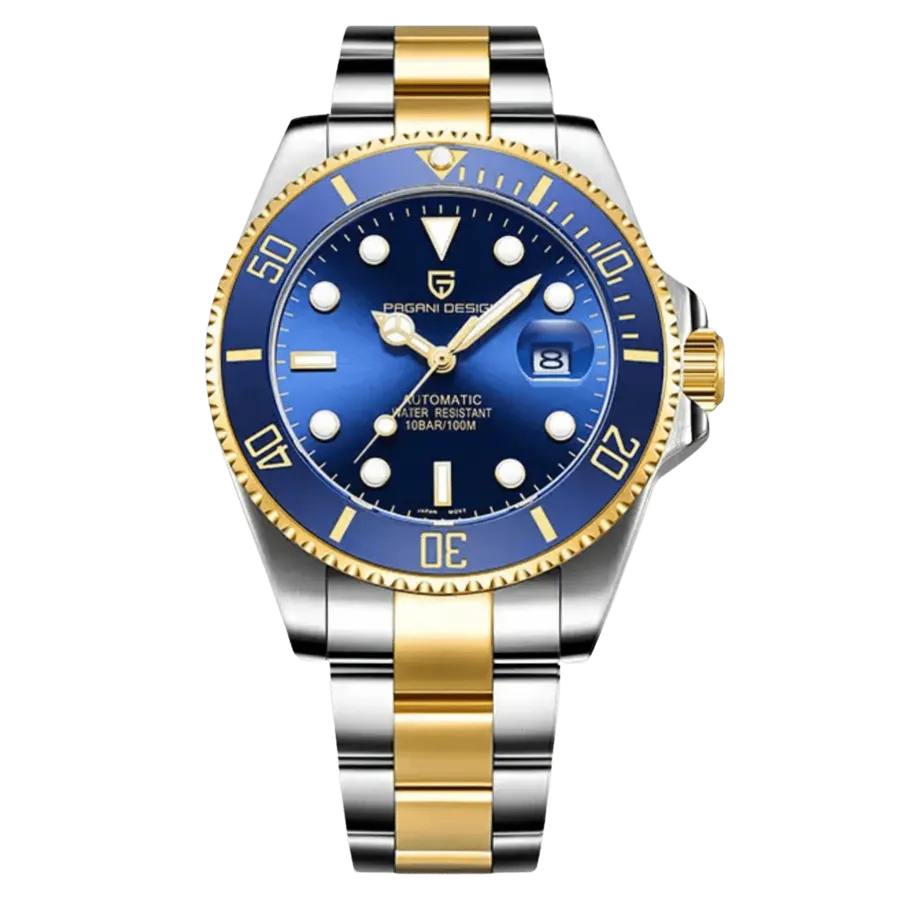 Pagani Design PD-1639 Gold with blue dial, blue bezel and gold-tone details on two-tone bracelet