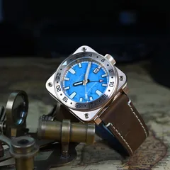 Aquatico Super Charger Bronze GMT with turquoise stone dial, on brown leather strap