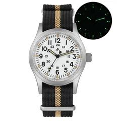 Militado ML05 (VH31) with white field dial and broad-arrow logo on black nylon strap with a khaki stripe
