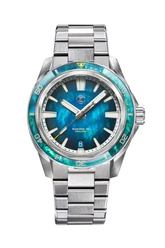Zelos Swordfish 40mm SS Teal MOP, teal fumé mother-of-pearl dial and mother-of-pearl bezel, on bracelet