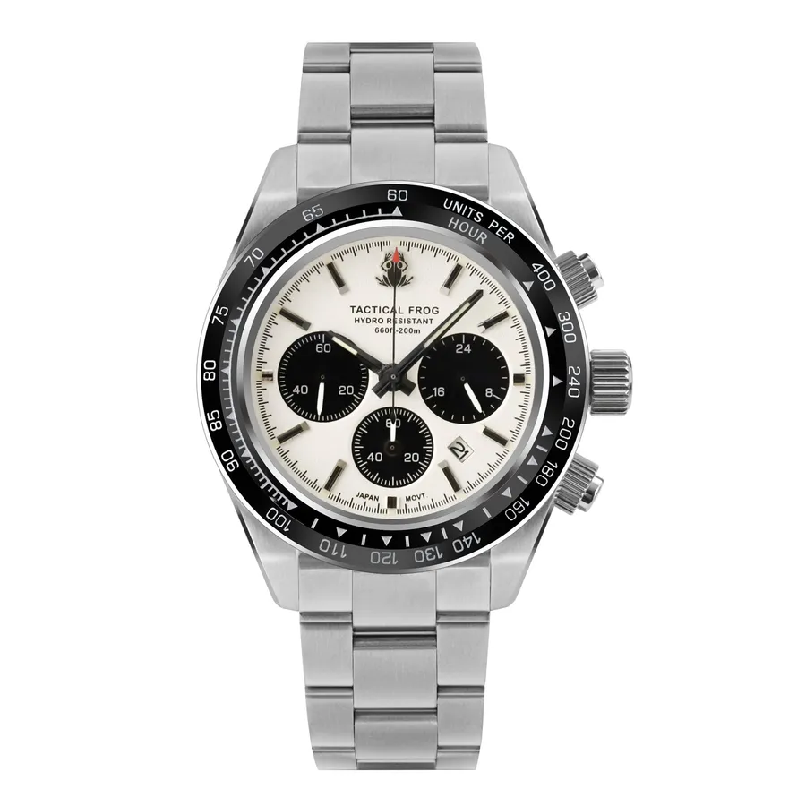Tactical Frog VS75 Solar Chronograph V1 with white panda dial and black ceramic tachymeter bezel