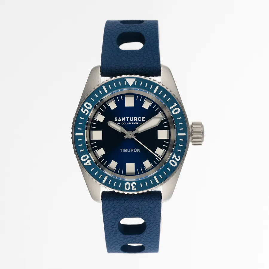 Santurce Collection El Tiburón with blue sunburst dial and blue bezel on blue rubber strap