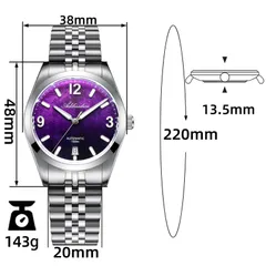 Addiesdive AD2547 dimension graphic (labelled 38mm wide, 48mm lug-to-lug, 13.5mm, 20mm, 220mm, 143g)