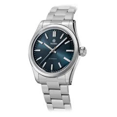 Traska Commuter 38, blue dial, three-quarter view
