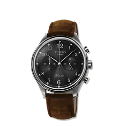 Tusenö First 38, silver case, black dial, on brown suede strap