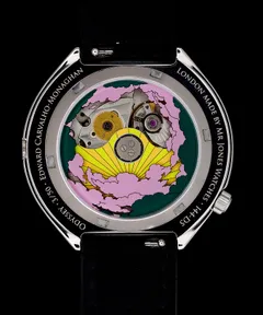 Mr Jones Odyssey display caseback with the printed cloud-and-sun rotor, edition number and 144-D5
