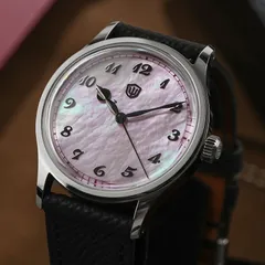 Watchdives WD2008 with pink mother-of-pearl dial and Arabic numerals on a black leather strap