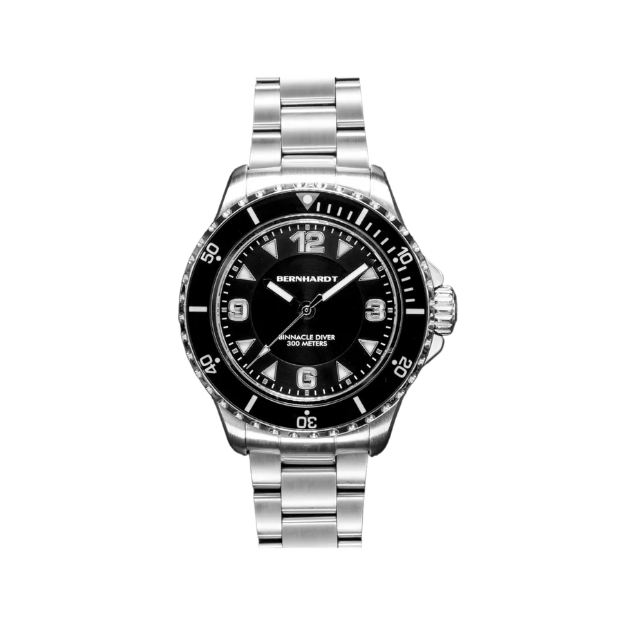 Bernhardt Binnacle Diver Midnight, black dial and black sapphire bezel, on steel bracelet