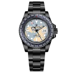 Pagani Design PD-1758 GMT with light blue world-map dial in a black-coated case and bracelet