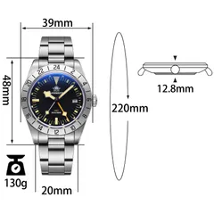 Addiesdive AD2036 dimension graphic (39mm, 48mm, 12.8mm, 20mm, 130g)