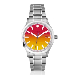 Fears Redcliff 39.5 Date Instagram Edition with red-to-yellow gradient dial on the steel bracelet